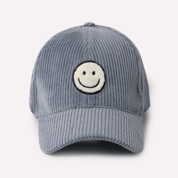Accessories - SOLD OUT Dusty Blue Smile Face Chenille Patch Corduroy Baseball Cap Hat Casual